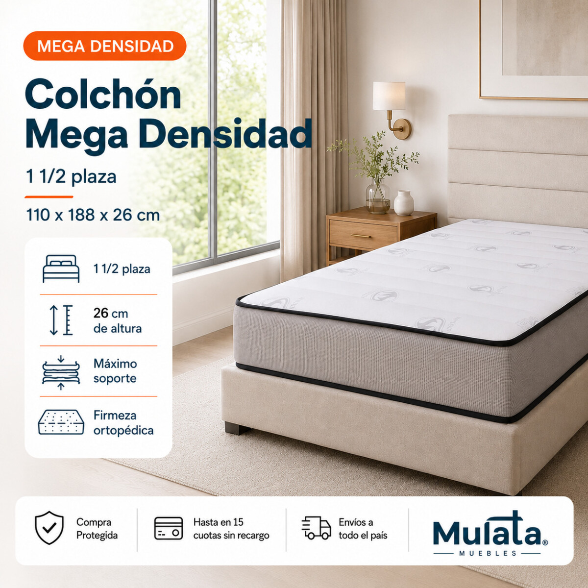 Colchon MEGA DENSIDAD Espuma Ortopédico - 1y1/2 Plaza - 110 cm 