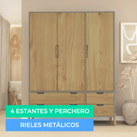Ropero Armario de 3 Puertas, Perchero y 4 Cajones en MDP - Madera - Línea Melilla - Cinza Ropero Armario de 3 Puertas, Perchero y 4 Cajones en MDP - Madera - Línea Melilla - Cinza