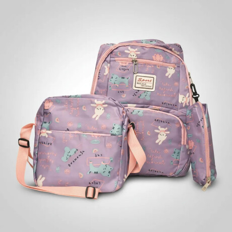 Set Mochila 3 Piezas Diseño Animalitos Escolar Resistente Lila