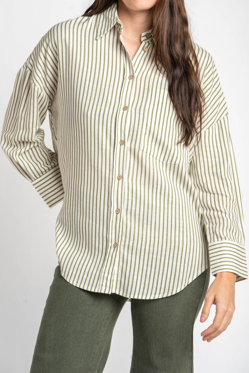 Camisa Rayada Con Lino Oliva