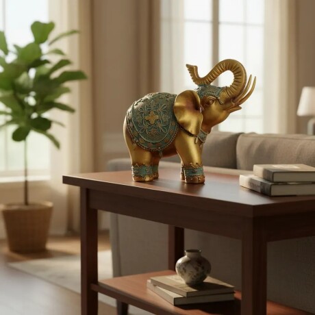 Elefante Decorativo Oro y Turquesa Trompa Arriba Elefante Decorativo Oro y Turquesa Trompa Arriba