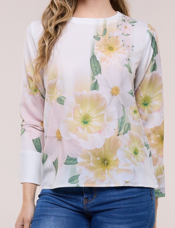 Blusa De Caída Fluida Con Escote Redondo CRUDO/MULTI