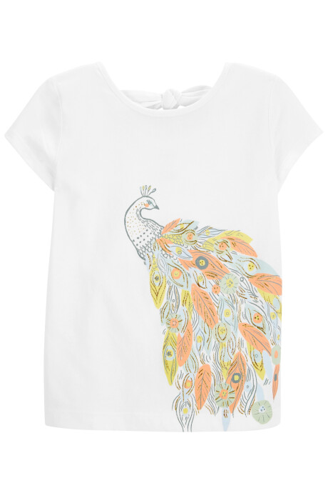 Remera de algodón, con lazo, estampa pavo real. Talles 2-5T Sin color