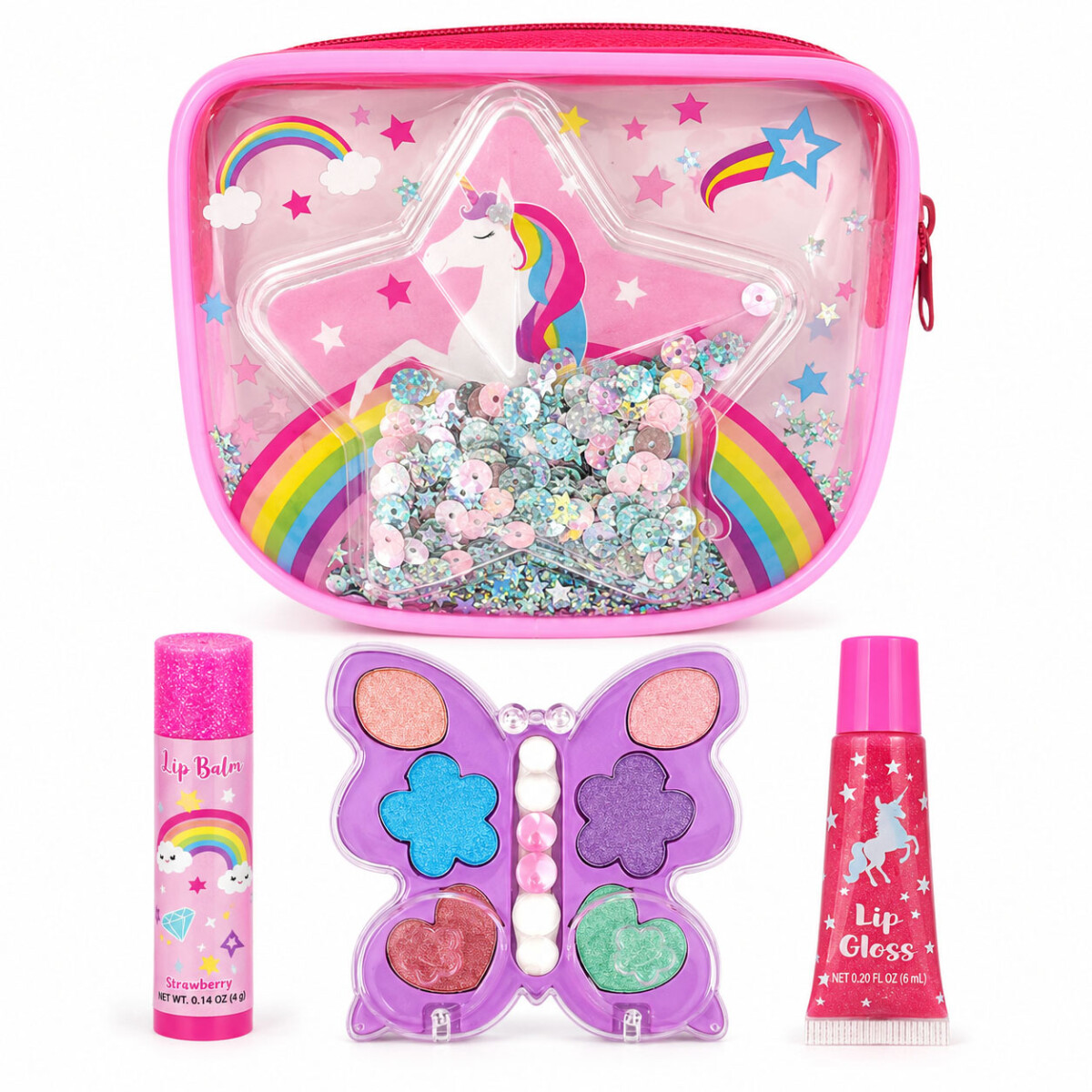 Kit Belleza Niña c/Bolso Sombra Ojos Bálsamo y Brillo Labial - Multicolor 