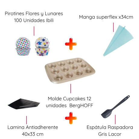 Kit Reposterìa con Molde Cupcakes con Manga Pirotines Lamina Antiadherente y Espatula Kit Reposterìa con Molde Cupcakes con Manga Pirotines Lamina Antiadherente y Espatula