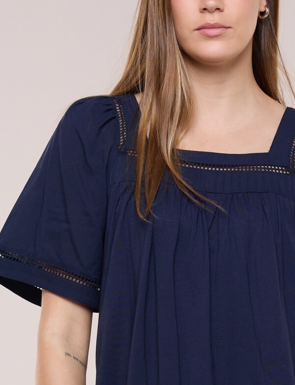 Blusa Holgada Escote Cuadrado Con Puntilla Calada AZUL