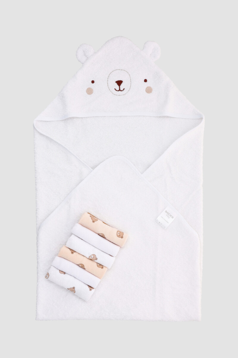Set toalla con capucha + 6 babitas para bebe Marfil