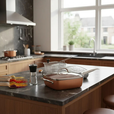 Set Sartén Antiadherente Tapa Vidrio + Molinillo Manual Cobre