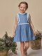 Vestido Lino Con Tiras Bordadas En Contr Azul Medio Claro