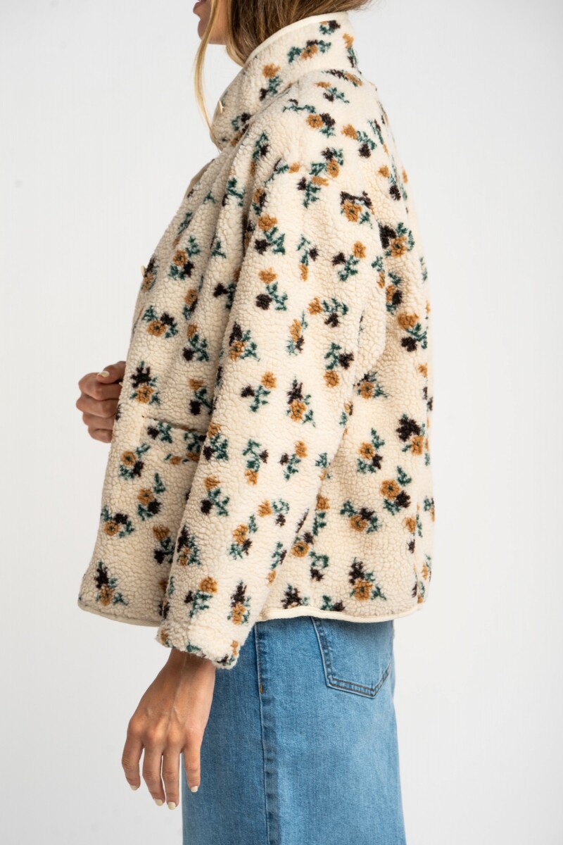 Campera Corderito Estampada Flores Nácar