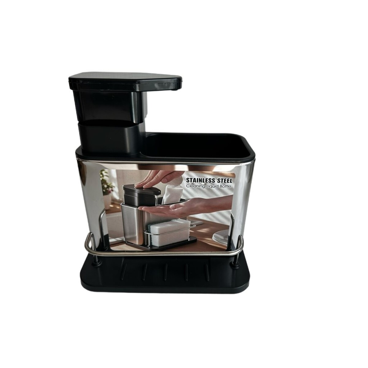 DISPENSADOR JABON Y PORTA ESPONJA 18x13x18CM NEGRO 