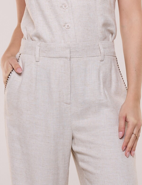 Pantalón Wide Leg De Lino Con Detalles A Contraste BEIGE