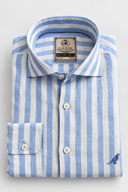Camisa Lino Hudson Collar Rayas Celeste Bahía
