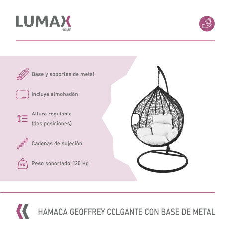 Hamaca nido colgante c/base metal y apoya pie jardín Negro/Blanco