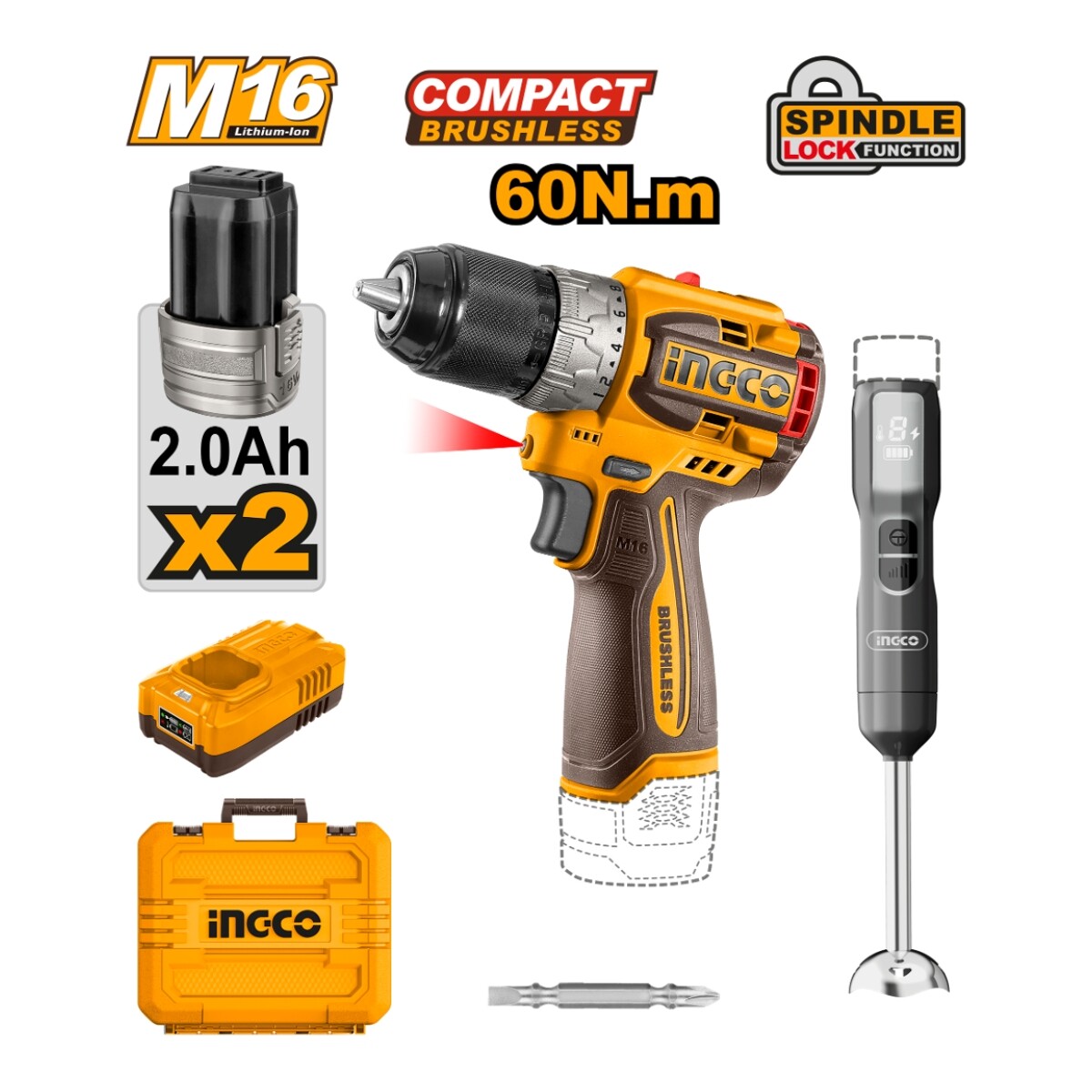 Combo Atornillador 16V Bateria + Mixer + Valija Bat y Cargador ingco 