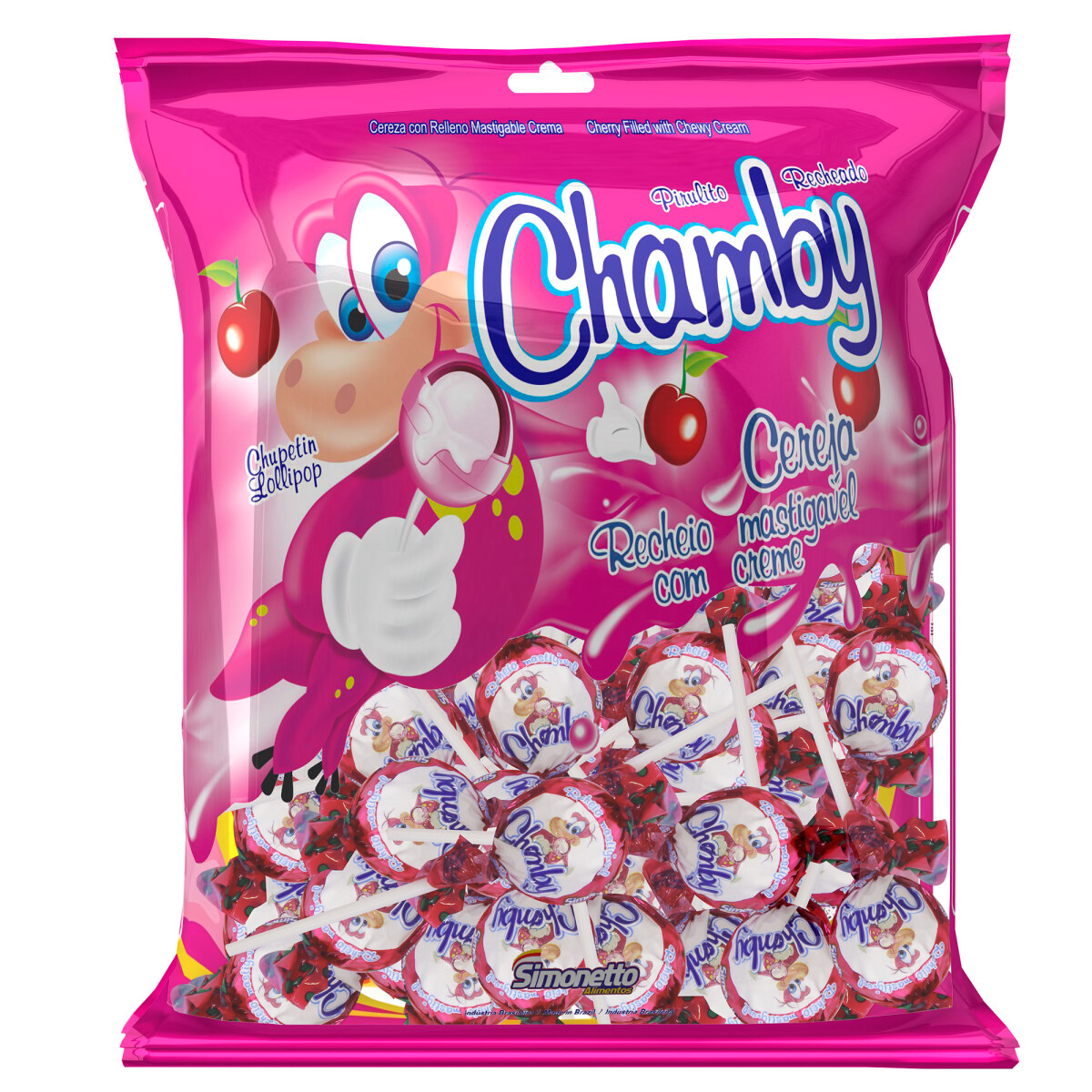 CHUPETÍN SIMONETTO RELLENO MASTICABLE 18 grs x24 Unidades - Chamby Cereza 
