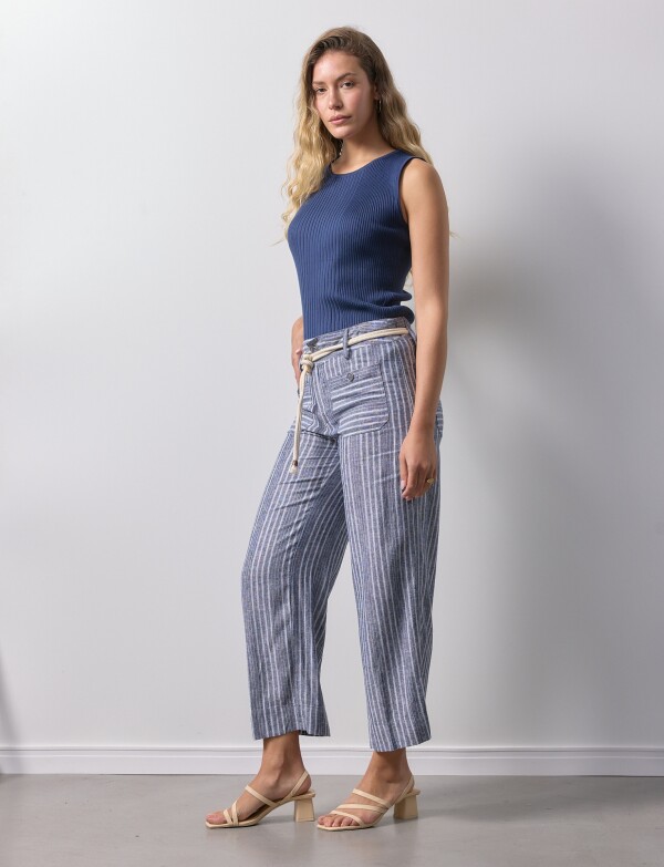 Pantalon Lino Cinto AZUL/BLANCO