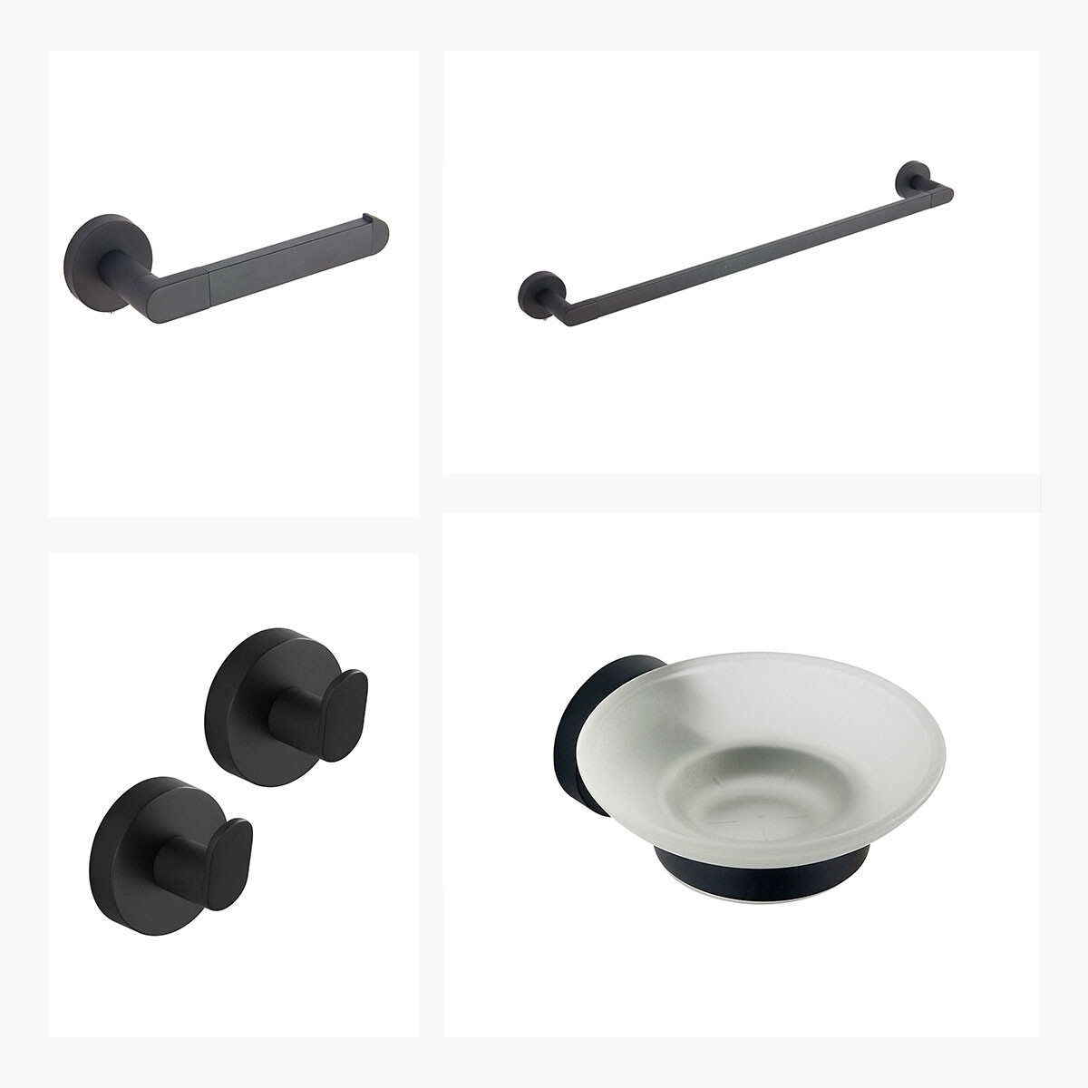 Set De Accesorios Aqualia Bgl, Incluye 2 Perchas, Toallero, Portarollo Y Jabonera Negro Mate 