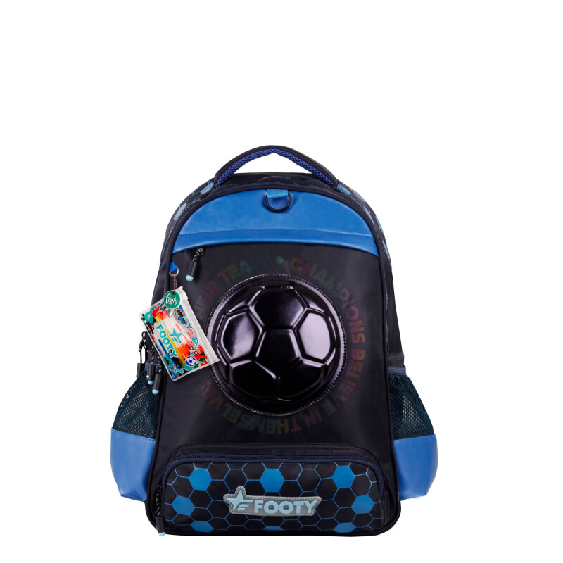 Mochila FOOTY 18" Pelota Con Relieve Azul - Negro