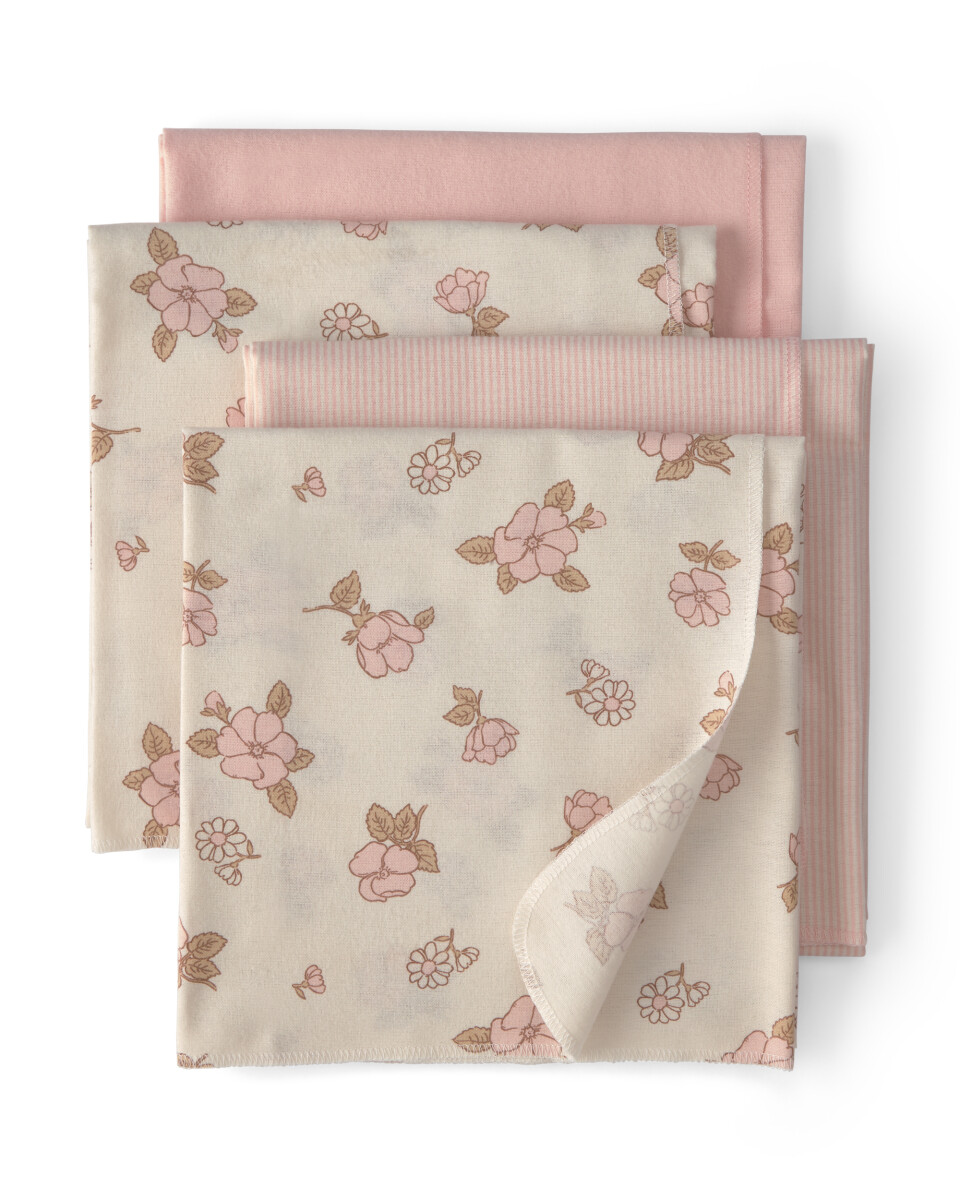 Pack cuatro mantas recibidoras de algodón, rosadas, diseño floral 
