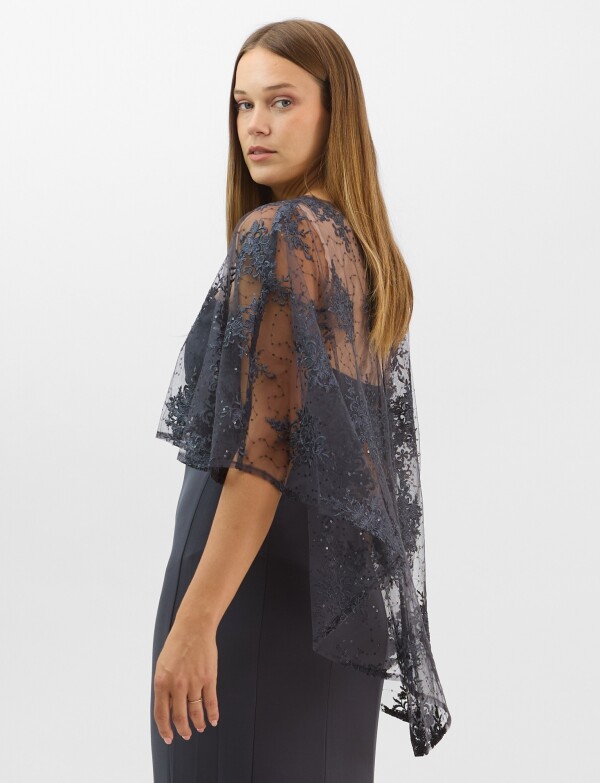 Vestido Maxi Con Capa Bordada GRIS OSCURO