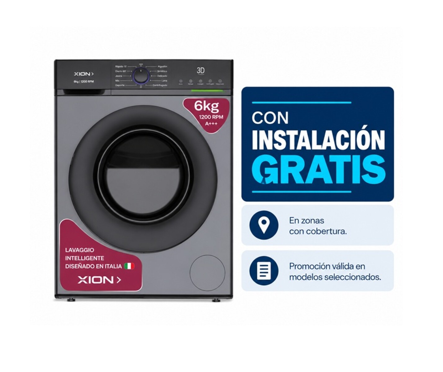 Lavarropas Xion 6K Carga Frontal Gris XI-LAV66X 