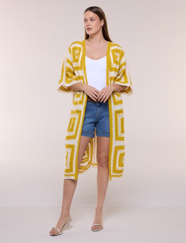 Cardigan Largo Crochet Mangas Kimono MOSTAZA