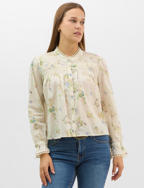 Blusa De Algodón Estampado Con Puntilla CRUDO/MULTI