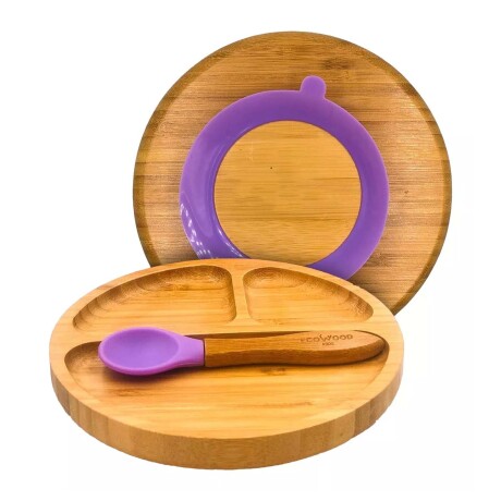 Plato con Separaciones y Cuchara Comida Bebé Madera Silicona Lila