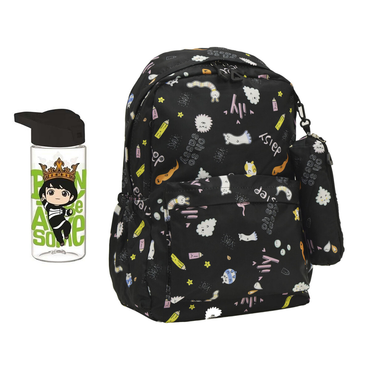 Set Mochila Infantil Escolar con Cartuchera + Botella 500ML - Negro 