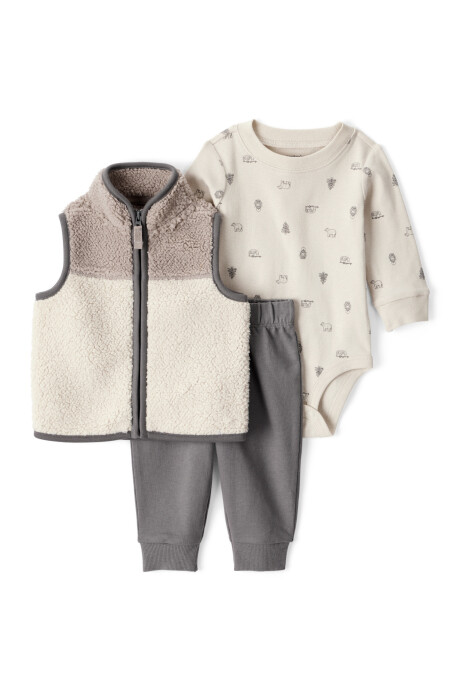 Set tres piezas, chaleco de sherpa, pantalón y body, diseño oso Set tres piezas, chaleco de sherpa, pantalón y body, diseño oso