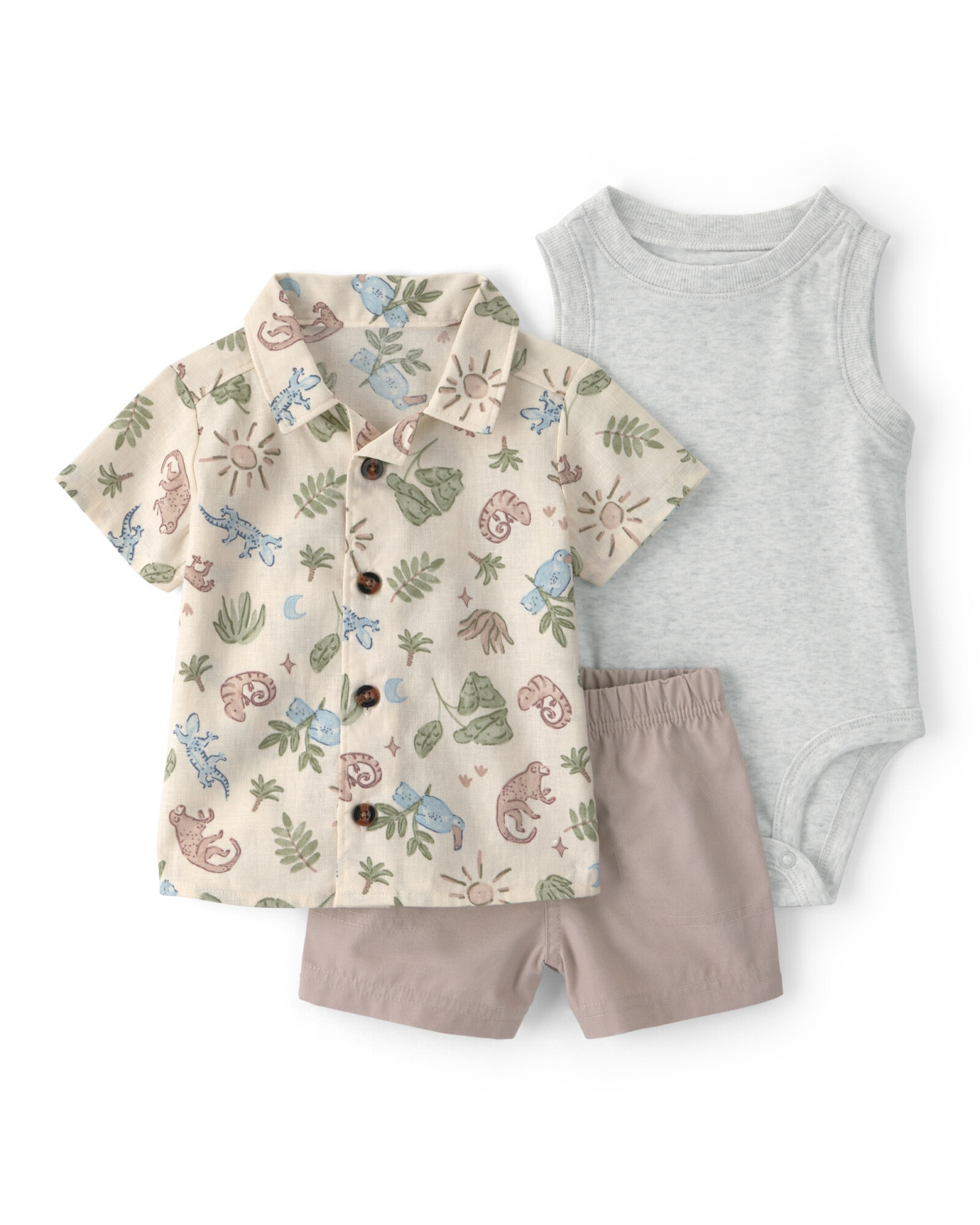 Set tres piezas, short y body de algodón más camisa de lino diseño safari Set tres piezas, short y body de algodón más camisa de lino diseño safari