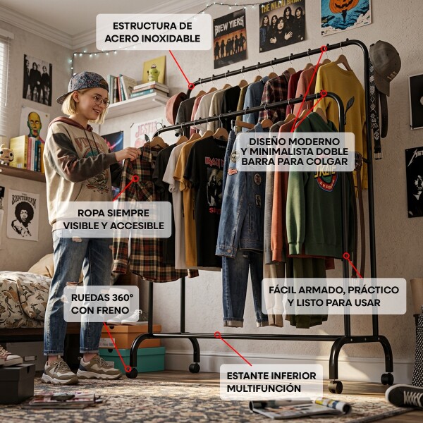 Perchero Doble Ropa Barra Acero Percha Metal Ganchos Ropero Placard Con Ruedas Imback Color Negro Perchero Doble Ropa Barra Acero Percha Metal Ganchos Ropero Placard Con Ruedas Imback Color Negro