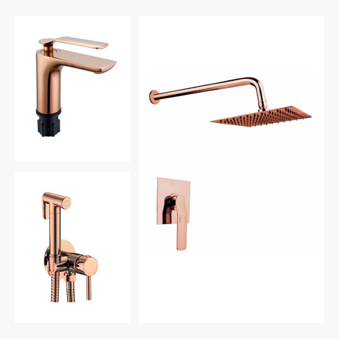 Juego Completo De Griferia Rose Gold, Incluye Lav. Bajo,Ducha Embutida Y Ducha Higienica Linea Modena 000