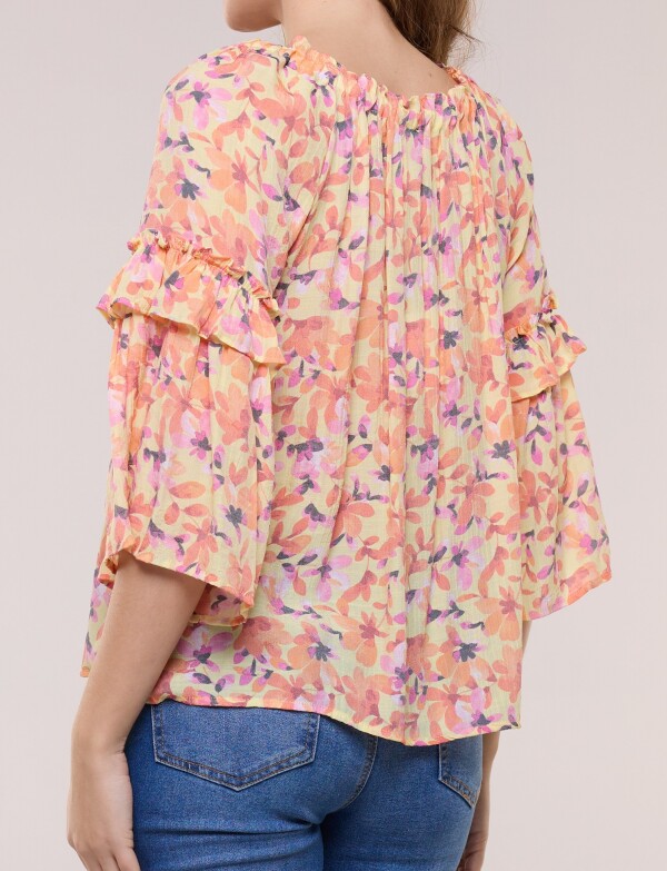 Blusa Holgada Con Escote Fruncido MULTI/ANARANJADO