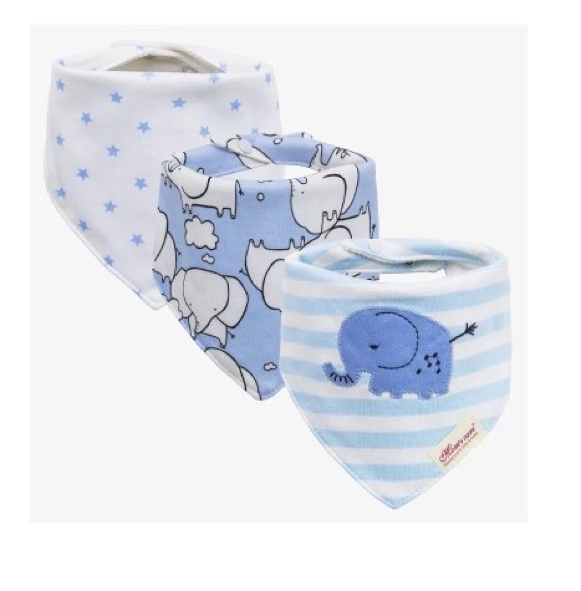 Set babero bandana x3 - Celeste a rayas con elefantes 
