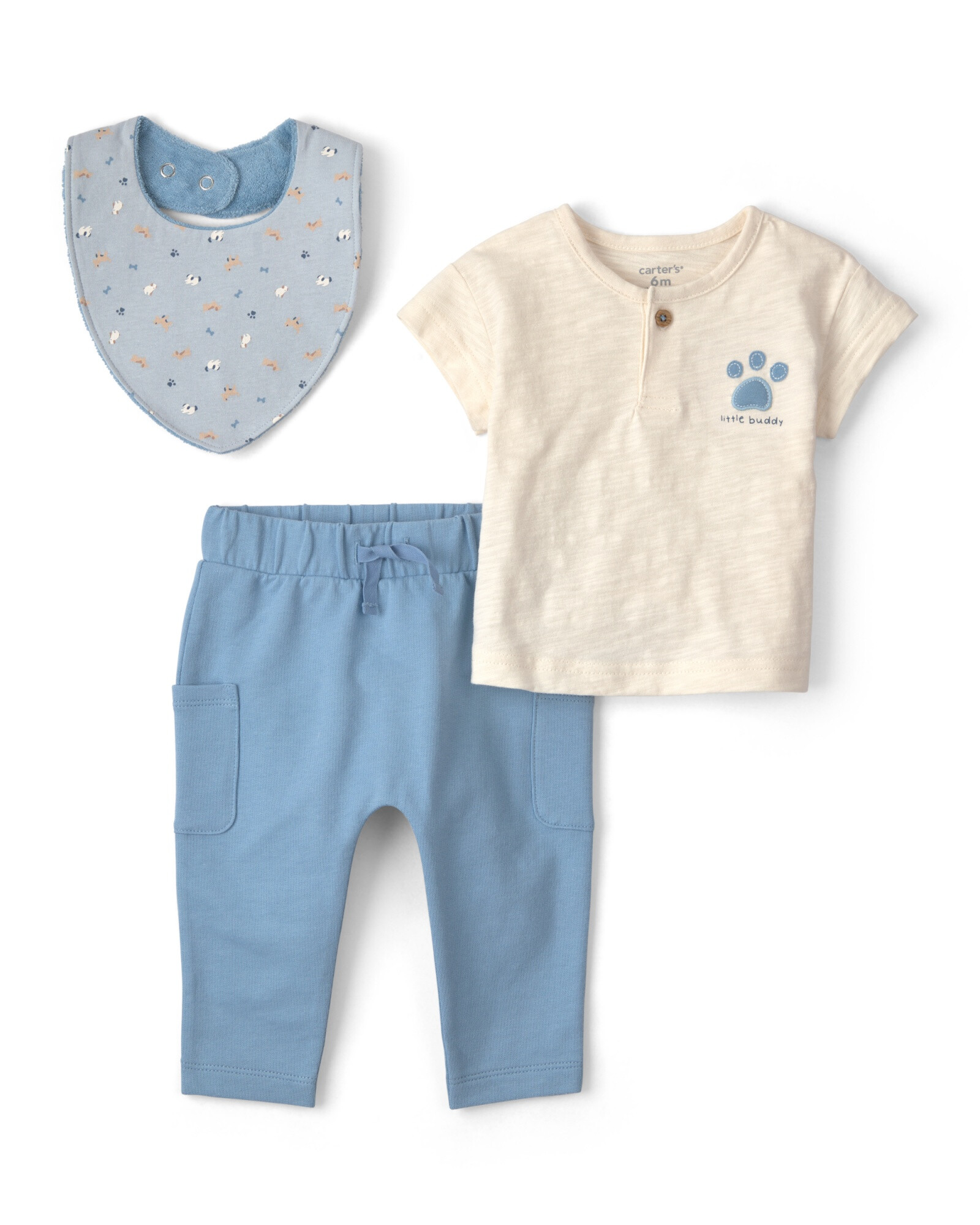 Set tres piezas de algodón, pantalón, remera y babero, azul y crema, diseño perros Sin color