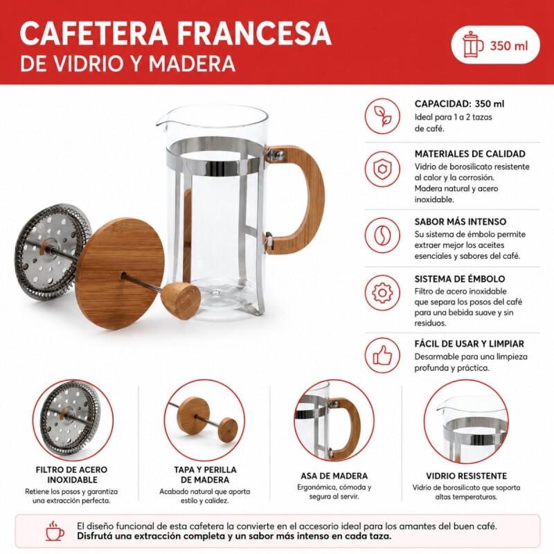 Cafetera francesa de vidrio y madera 350 ml MADERA