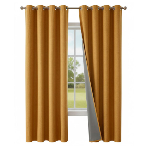 Cortina Blackout 100% Engomada Termica Set 2 Paños Tipo Lino Color Amarillo