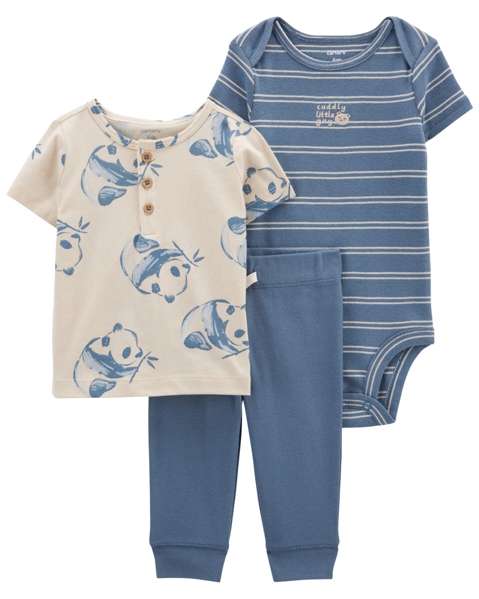 Set tres piezas pantalón, remera y body de algodón diseño panda 