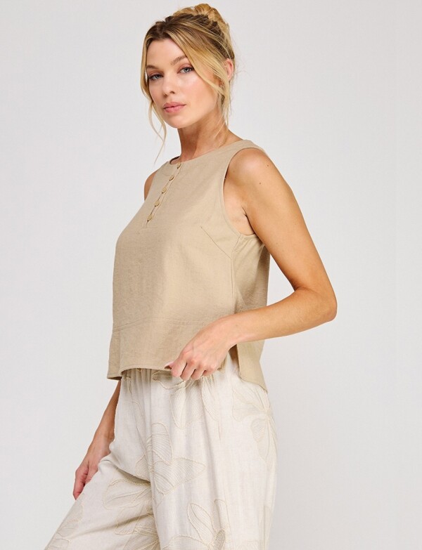 Blusa De Lino Sin Mangas Con Botones BEIGE