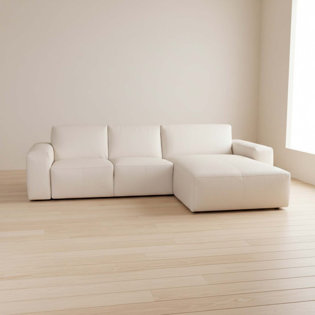 SOFA CON CHAISE - MÁS DE 4 CUERPOS CUERO-Y-MADERA NATURAL-BEIGE LOFT ARENA 