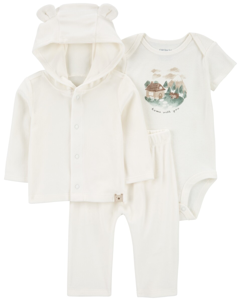 Set tres piezas, pelele y saco de plush, más body de algodón 