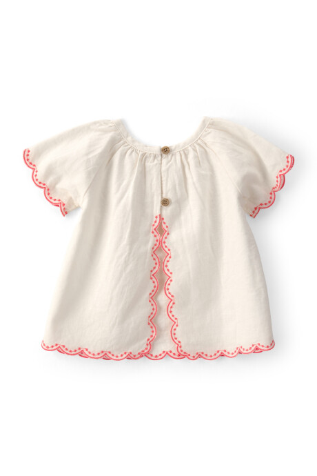 Set dos piezas de lino, pantalón y blusa, crema, ribetes bordados Set dos piezas de lino, pantalón y blusa, crema, ribetes bordados