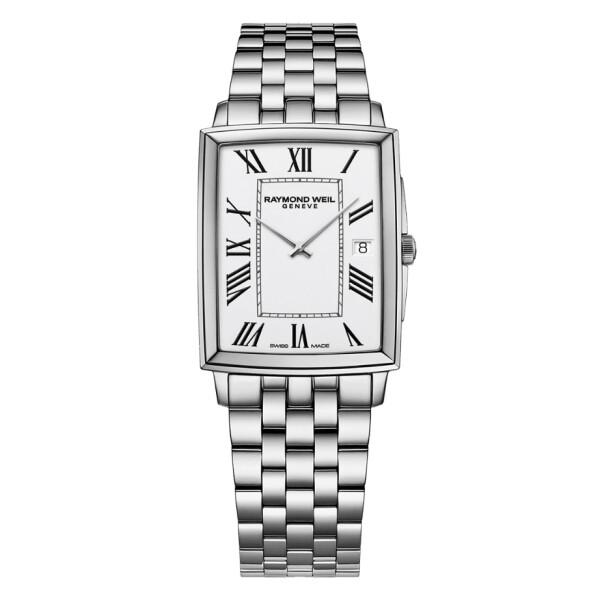 Reloj Raymond Weil Toccata rectangular con brazalete de acero y esfera blanca Reloj Raymond Weil Toccata rectangular con brazalete de acero y esfera blanca