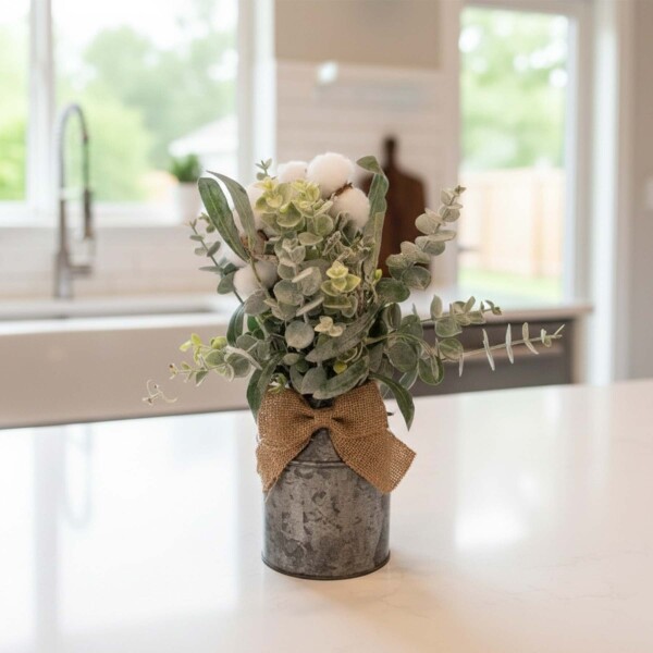 Planta Algodón Decoración Artificial Maceta Balde Metal Color Verde