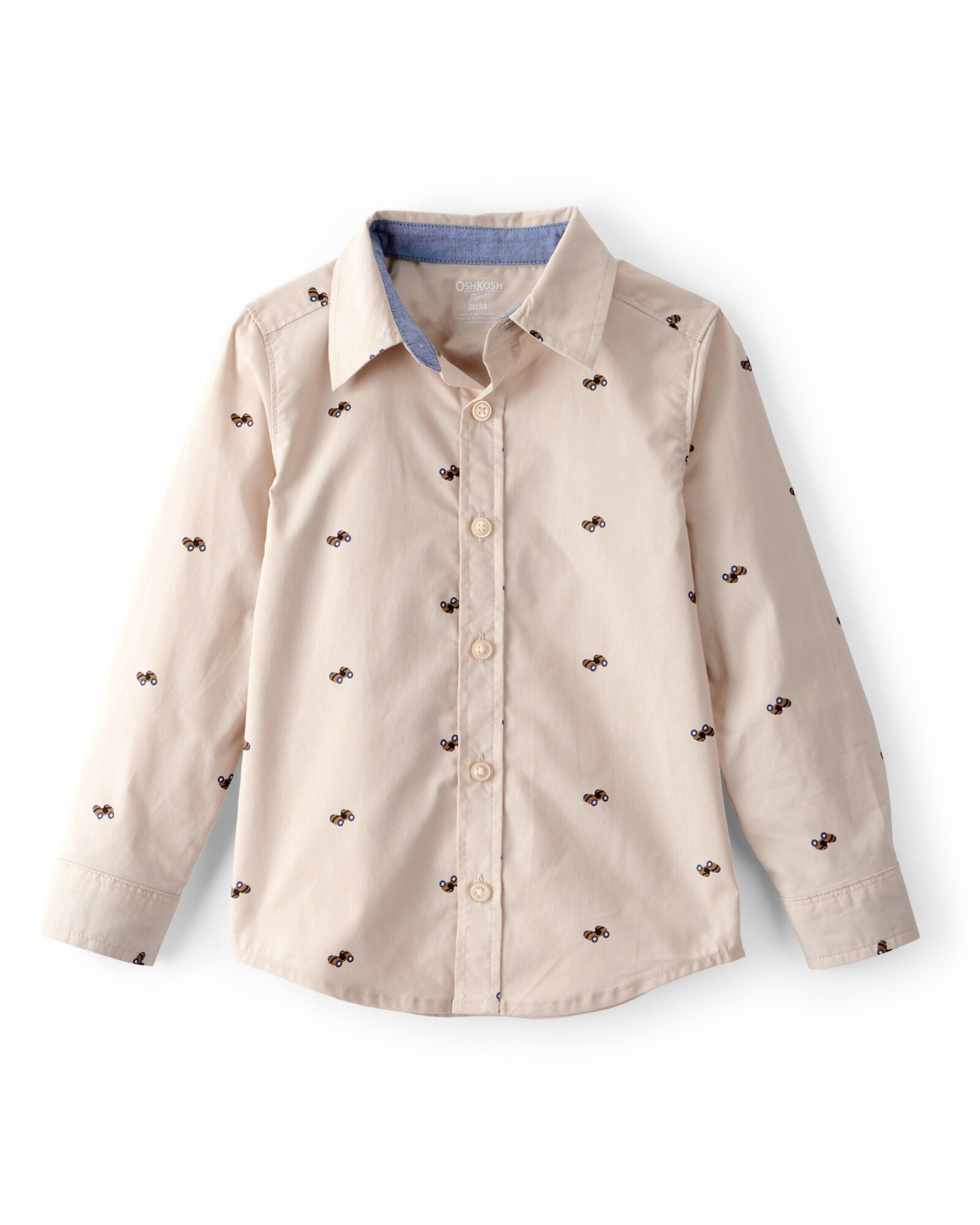 Camisa de algodón, manga larga, beige, diseño autos Camisa de algodón, manga larga, beige, diseño autos