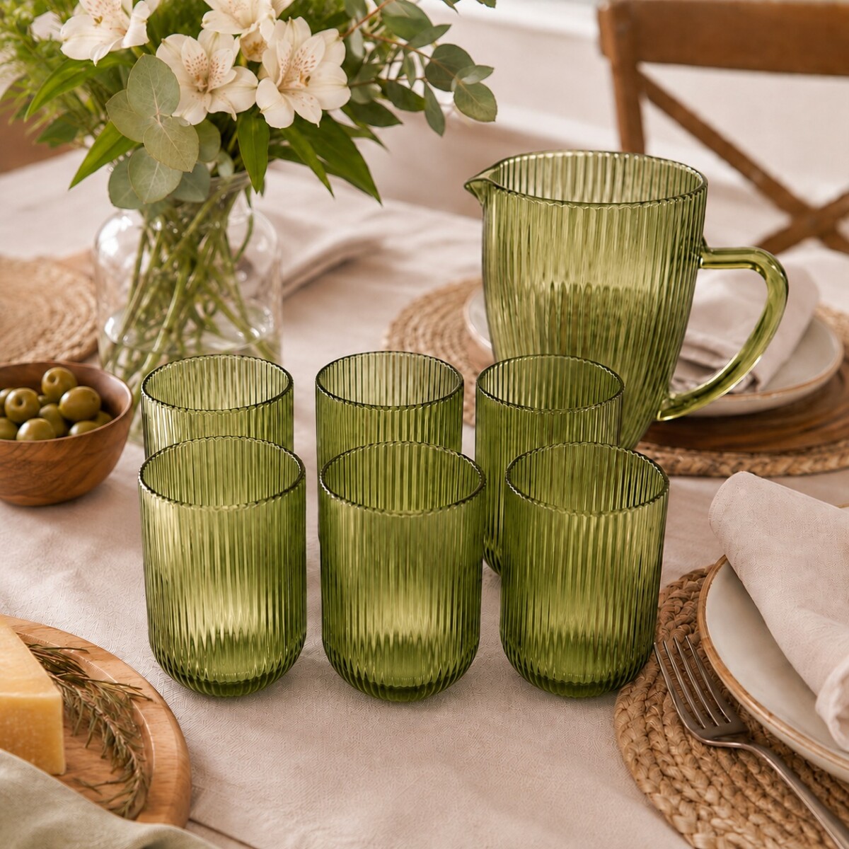 Jarra Line 1 Litro y 6 Vasos 300 ml Set Vidrio - Verde 