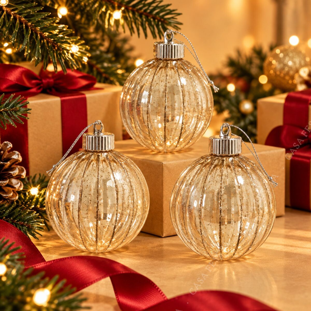 Esferas Navideñas Transparentes con detalles Brillantes x 3 