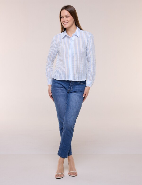 Camisa De Algodón A Rayas Con Detalle De Puntilla MULTI/CELESTE